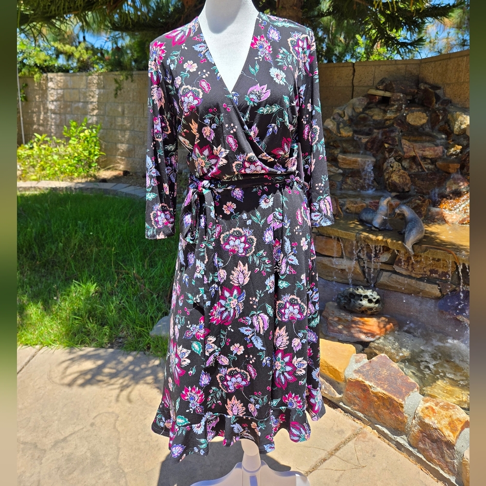 NWT Leota Black And Pink Floral Faux Wrap Dress